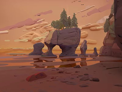 Microlandform Landscape with Rock Formations Trees and Water Reflections under Orange Sky 3d model