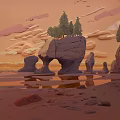 Microlandform Landscape with Rock Formations Trees and Water Reflections under Orange Sky