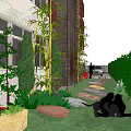Beautiful Courtyard Garden with Bamboo Plants Red Flowers Green Lawn and Stone Pathway
