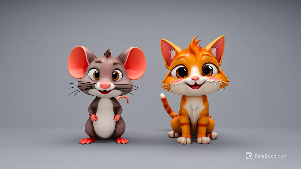 Cute Cartoon Mouse And Orange Cat Characters Sitting Playfully With Big Ears And Smiling Faces 3d model 