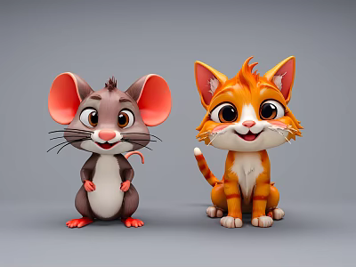 Cute Cartoon Mouse And Orange Cat Characters Sitting Playfully With Big Ears And Smiling Faces 3d model
