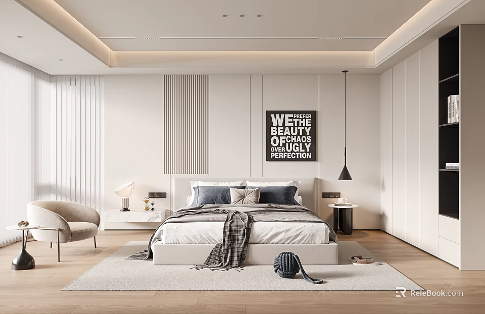 Modern Bedroom Interior Design With Bed Artwork Nightstands Table Lamps Accent Chair And Rug 3d model 