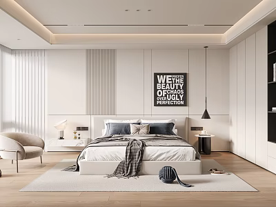Modern Bedroom Interior Design With Bed Artwork Nightstands Table Lamps Accent Chair And Rug 3d model