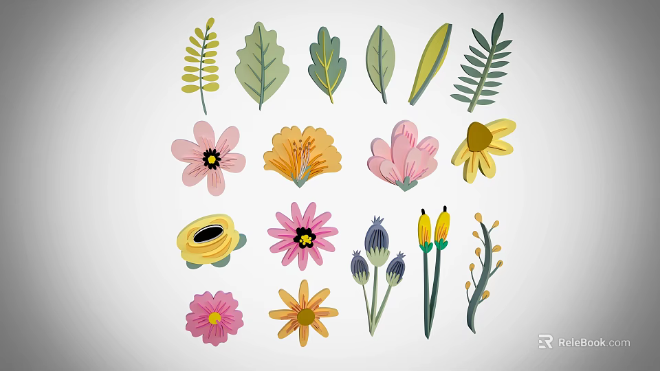Colorful Botanical Plants Featuring Various Leaves Flowers And Different Shapes In Illustrated Design 3d model 