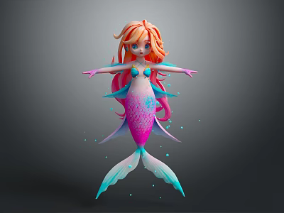 Vibrant Game Movie Character Mermaid With Orange Hair Pink Blue Tail And Water Droplets 3d model