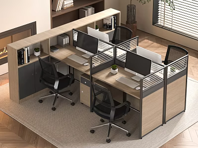 Modern Partitioned Office Workstations With Computer Monitors Black Chairs Wooden Frame And Potted Plants 3d model
