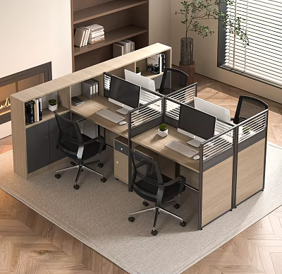 Modern Partitioned Office Workstations With Computer Monitors Black Chairs Wooden Frame And Potted Plants 3d model