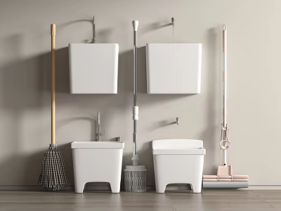 Organized Cleaning Tools With Wall Mounted Cabinets Mop Broom And Buckets 3d model