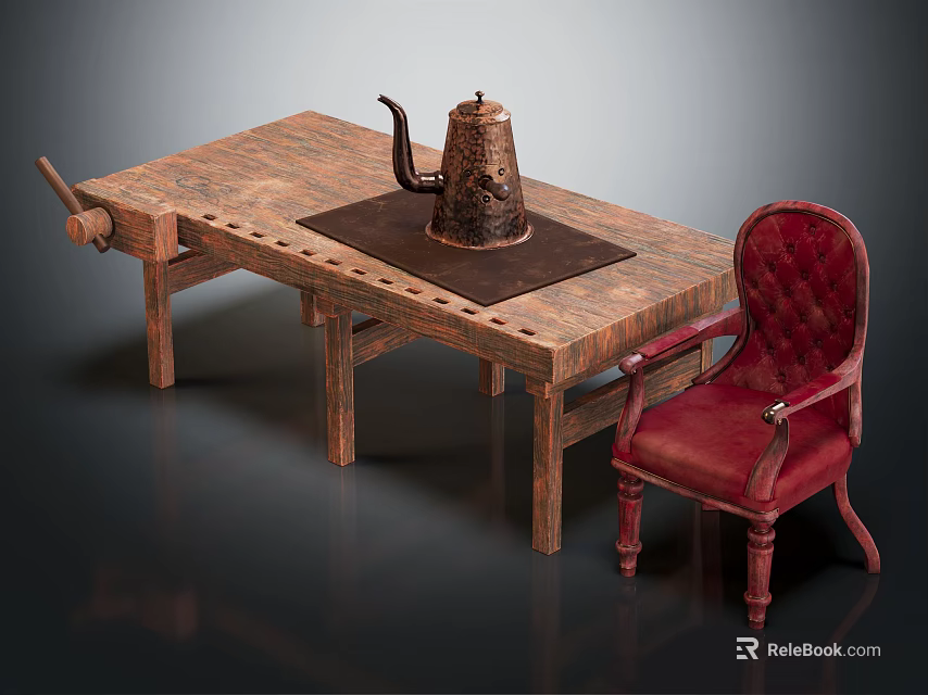 Vintage Wooden Table And Red Leather Chair With Button Detail And Teapot Decor 3d model 