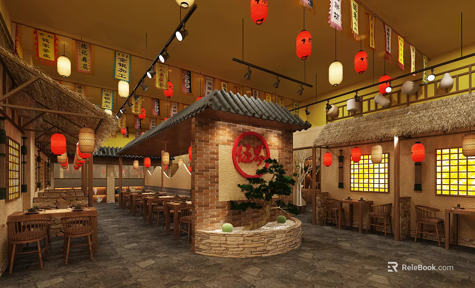 Traditional Chinese Restaurant Interior With Red Lanterns Hanging Banners And Straw Roof 3d model 