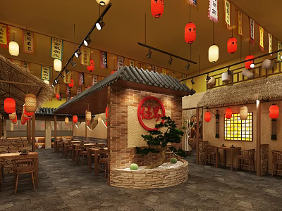 Traditional Chinese Restaurant Interior With Red Lanterns Hanging Banners And Straw Roof 3d model