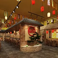 Traditional Chinese Restaurant Interior With Red Lanterns Hanging Banners And Straw Roof