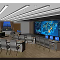 Modern Monitoring Room Interior With Large Display Screen World Map Data Visualization And Workstations 3d model