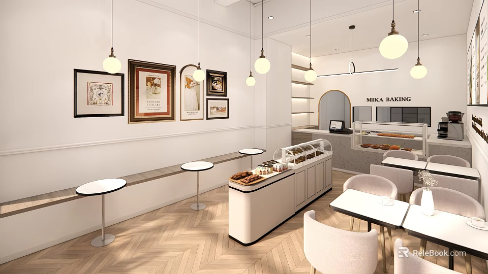 Elegant Dessert Shop Interior With Display Counter Tables Chairs Framed Artworks And Hanging Lights 3d model 