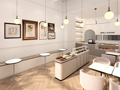 Elegant Dessert Shop Interior With Display Counter Tables Chairs Framed Artworks And Hanging Lights 3d model