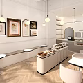 Elegant Dessert Shop Interior With Display Counter Tables Chairs Framed Artworks And Hanging Lights