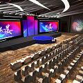 Modern Stage Design With Blue Circular Platform Steps Large Screens Colorful Graphics And Ceiling Lighting