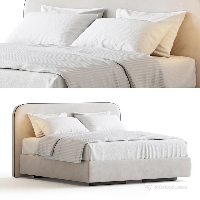 Modern Double Bed With Upholstered Headboard White Linen Sheets And Soft Pillows 3d model 
