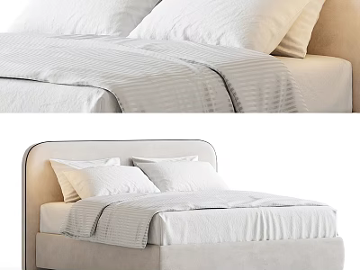 Modern Double Bed With Upholstered Headboard White Linen Sheets And Soft Pillows 3d model
