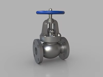 Industrial Silver Metal Valve With Blue Handle And Flange Connections 3d model