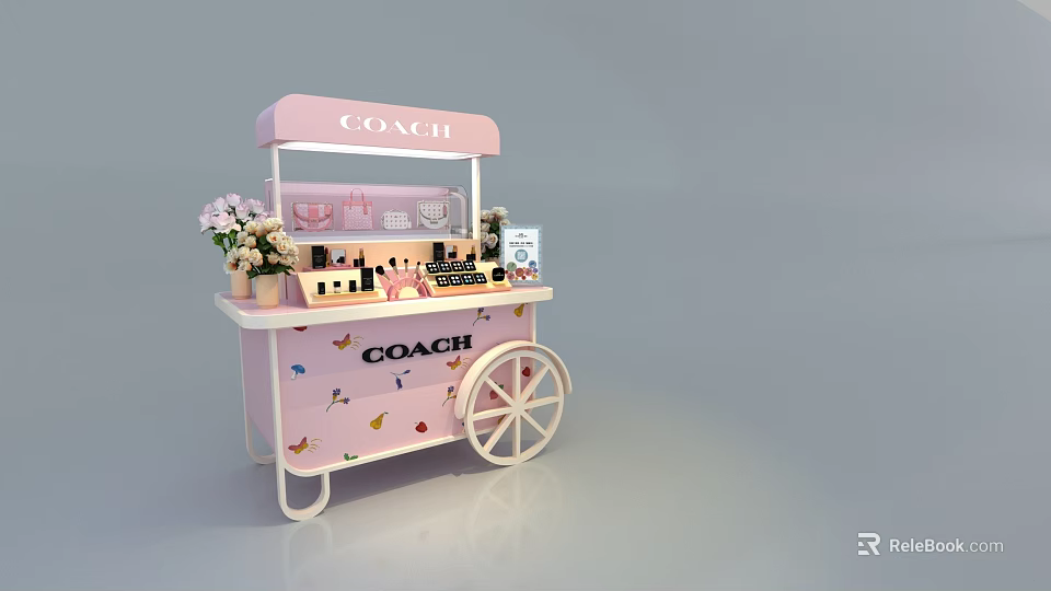 COACH Pink Mobile Cart with Beauty Products Skincare and Floral Decoration on White Wheels 3d model 