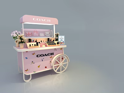 COACH Pink Mobile Cart with Beauty Products Skincare and Floral Decoration on White Wheels 3d model