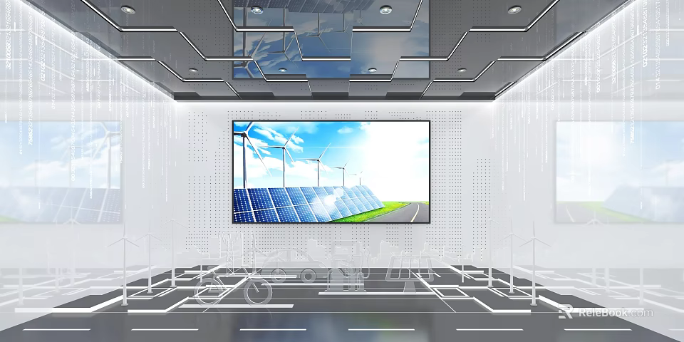 Modern Space With Digital Display Showing Solar Panels Wind Turbines And Green Transportation 3d model 