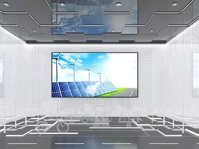 Modern Space With Digital Display Showing Solar Panels Wind Turbines And Green Transportation 3d model