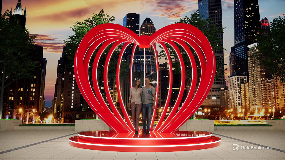 Red Heart Shaped Sculpture With Two People And City Night Skyline 3d model 