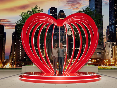 Red Heart Shaped Sculpture With Two People And City Night Skyline 3d model