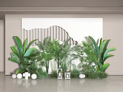 Indoor Plant Arrangement with Various Green Plants White Geometric Wall and Decorative Spheres Lanterns 3d model
