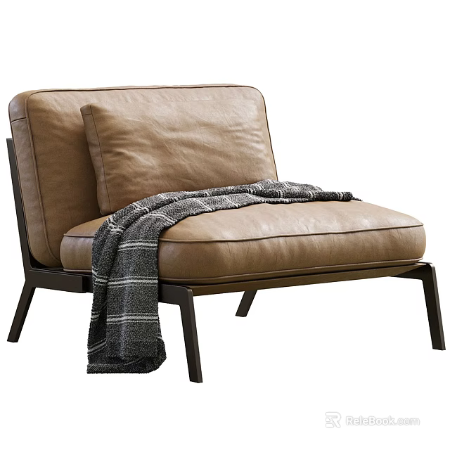 Brown Leather Single Sofa with Cushion and Plaid Blanket Draped Over Black Metal Legs 3d model 