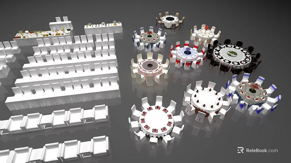 Different Dining Tables And Chairs With Various Designs For Restaurant Banquet Arrangement 3d model 