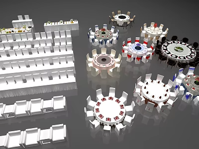 Different Dining Tables And Chairs With Various Designs For Restaurant Banquet Arrangement 3d model