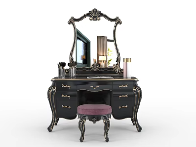Classic Black Dressing Table With Ornate Gold Accents Mirror And Purple Stool 3d model