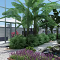 Modern Glass Canopy Structure at Building Entrance with Green Plants and Lawn