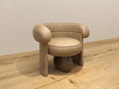 Beige Modern Single Seater Sofa With Rounded Armrests And Ball Shaped Legs On Wooden Floor 3d model