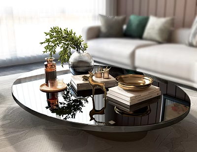 Decorative Ornaments Set on Modern Glass Coffee Table with Green Plant Silver Vase Gold Tray 3d model