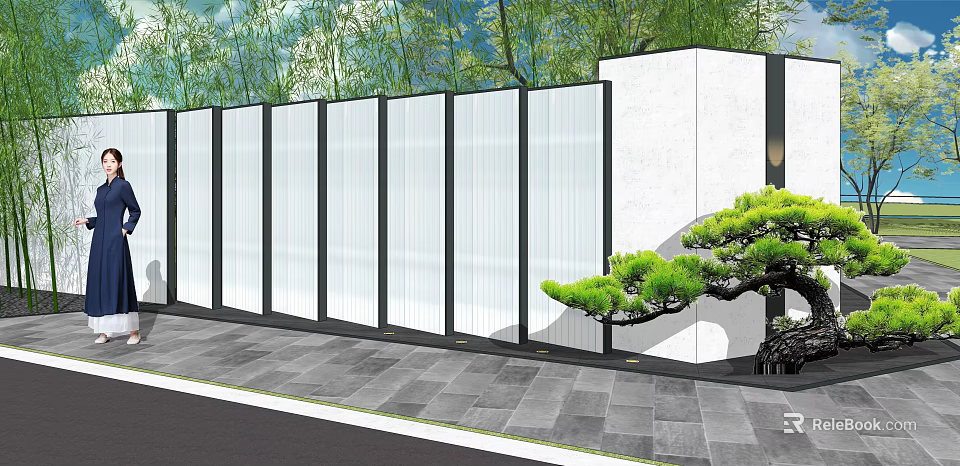 Modern Garden Wall With White Panels Black Frames Green Plants And Grey Stone Path 3d model 