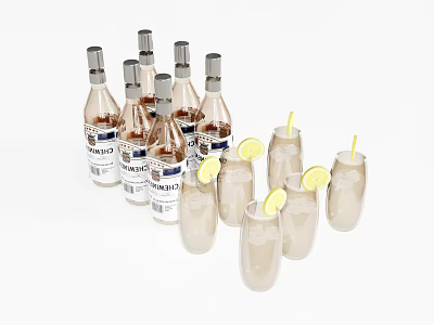 Elegant Collection of Glass Bottles and Cocktail Glasses with Lemon Slices and Yellow Straws 3d model
