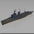 3D Model of Vintage Warship with Blue Hull and Orange Bottom Turrets and Masts
