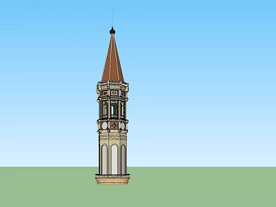 Tall Brown Beige Tower With Spire Windows And Decorative Structure Against Blue Sky Green Ground 3d model