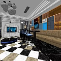 Modern Bar Interior With Black And White Checkered Floor Leather Sofas And Wall TVs
