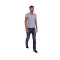 A Man Walking Wearing Light Blue T-Shirt and Dark Jeans Casual Outfit