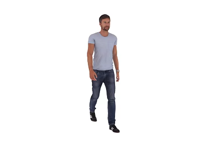 A Man Walking Wearing Light Blue T-Shirt and Dark Jeans Casual Outfit 3d model