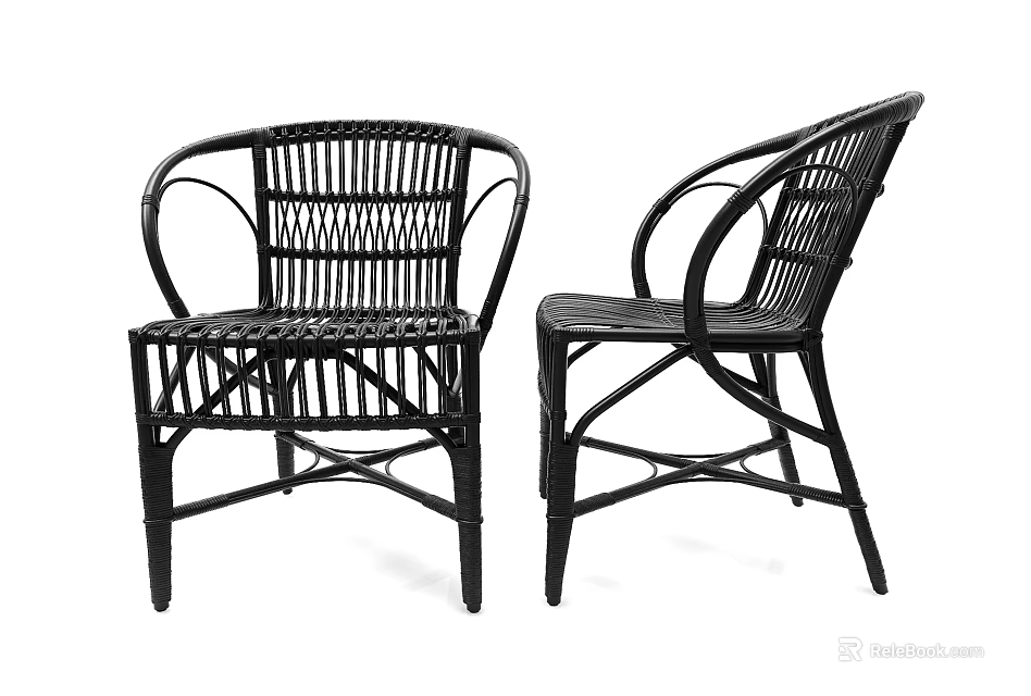 Two Black Rattan Leisure Chairs With Comfortable Armrests And Classic Design 3d model 