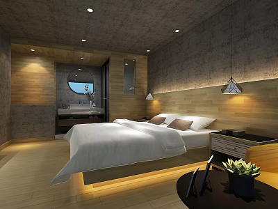 Modern Hotel Guest Room Interior With Gray Walls Wooden Headboard White Bed And Recessed Lighting 3d model