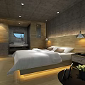Modern Hotel Guest Room Interior With Gray Walls Wooden Headboard White Bed And Recessed Lighting