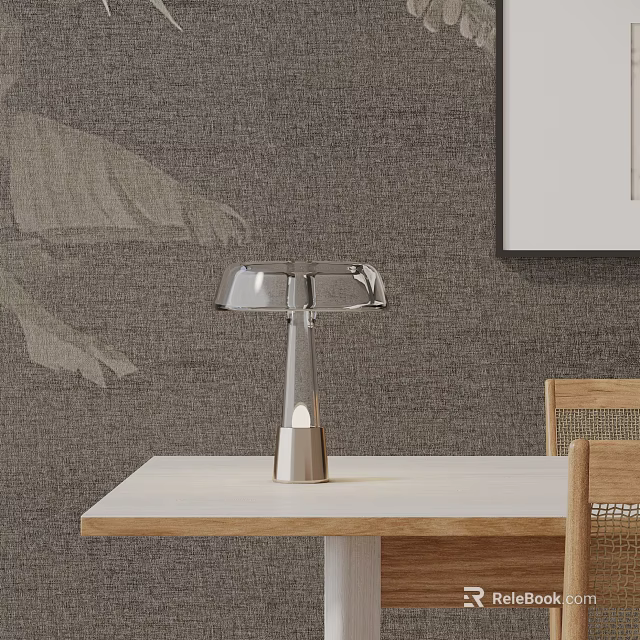 Modern Metallic Desk Lamp On White Table With Gray Textured Wall And Wooden Chair 3d model 