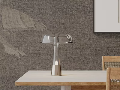 Modern Metallic Desk Lamp On White Table With Gray Textured Wall And Wooden Chair 3d model